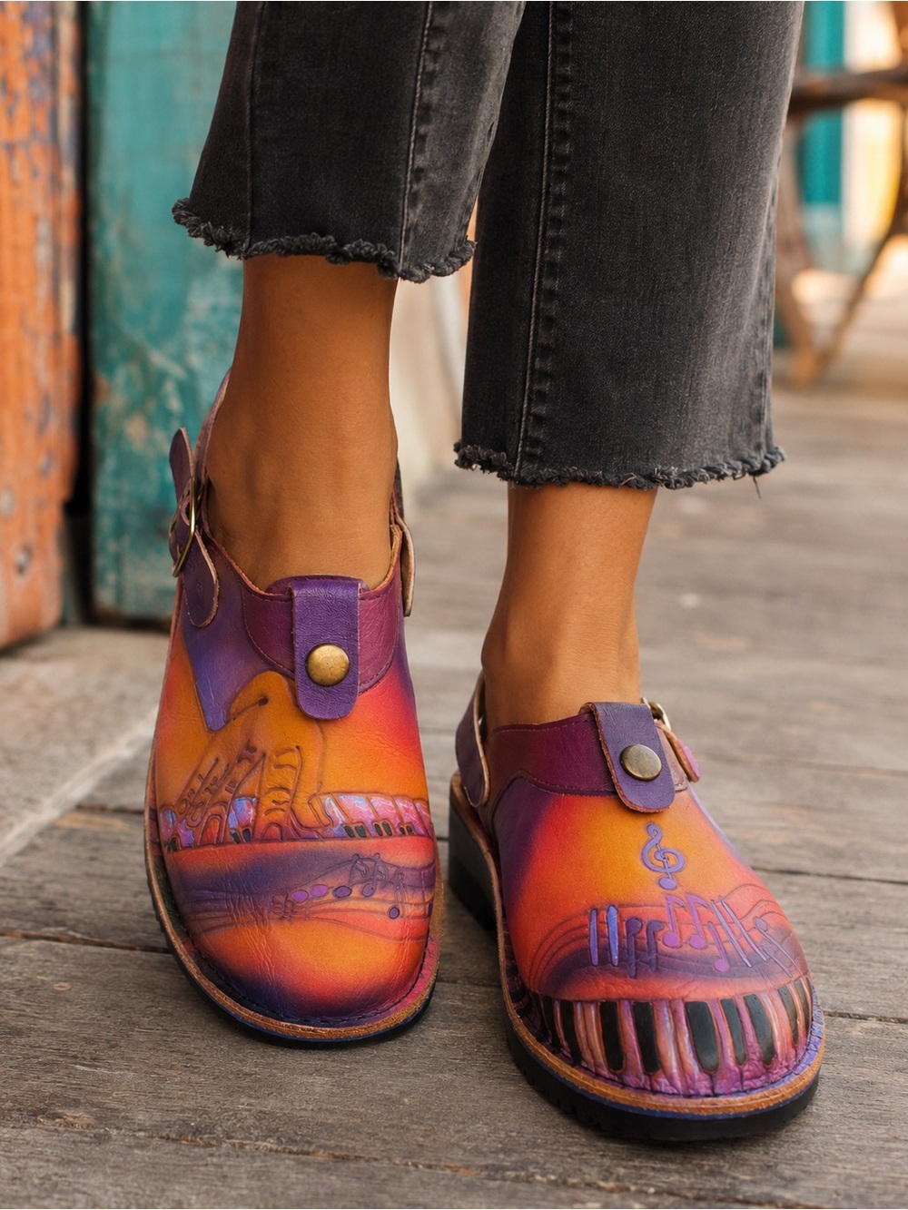 SoleTech JazzFest Hand Painted Leather Music Clogs Size 9/11 NewOrleans